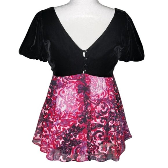 Torrid Size 0 12-14 Black Multi Vintage Bohemian Style Short Puff Sleeve Top - Picture 4 of 8